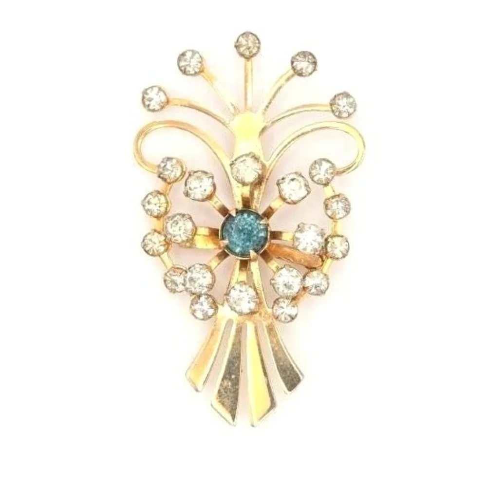 Vintage 1950s Brooch‎ Rhinestone Cluster Bouquet Style Gold Tone Blue Gem Accent